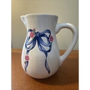 White FTD Pitcher Vase With Blue Ribbon & Pick Flowers - Height:  6"- Width:  4"